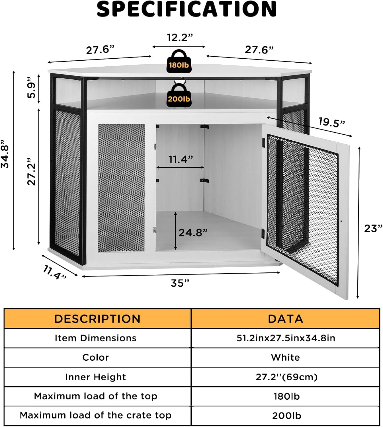 Dreamania Corner Dog Crate Furniture with Storage, 51.3" Upgraded Modern Dog Cage, End Table, Indoor Pet Crate Small Medium Large Dogs, White, Perfect for Limited Room