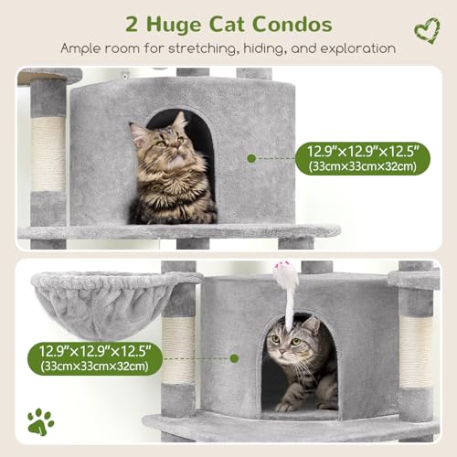 Globlazer Corner Cat Tree for Large Cats, 66inch Tall Curved Series Large Cat Tower for Multiple Indoor Cats with 6 Scratching Posts, 2 Spacious Cat Condos, Hammock, Hanging Basket, C66, Beige