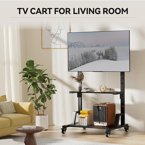 Mobile TV Stands for Flat Curved Screens, Rolling TV Cart Floor Stand with Mount, Shelf and Wheels for Living Room, Bedroom and Office