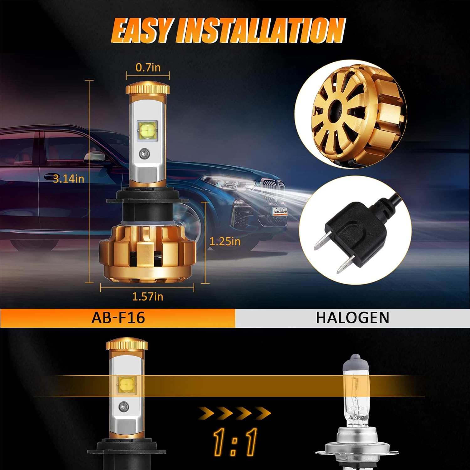 Auxbeam H7 LED Light Bulbs, 60W 12000lm H7 LED Fog Light Bulbs XHP50 Chips H7 Led Conversion Kits Light Bulbs F-16 Series (Pack of 2) Pack of 2