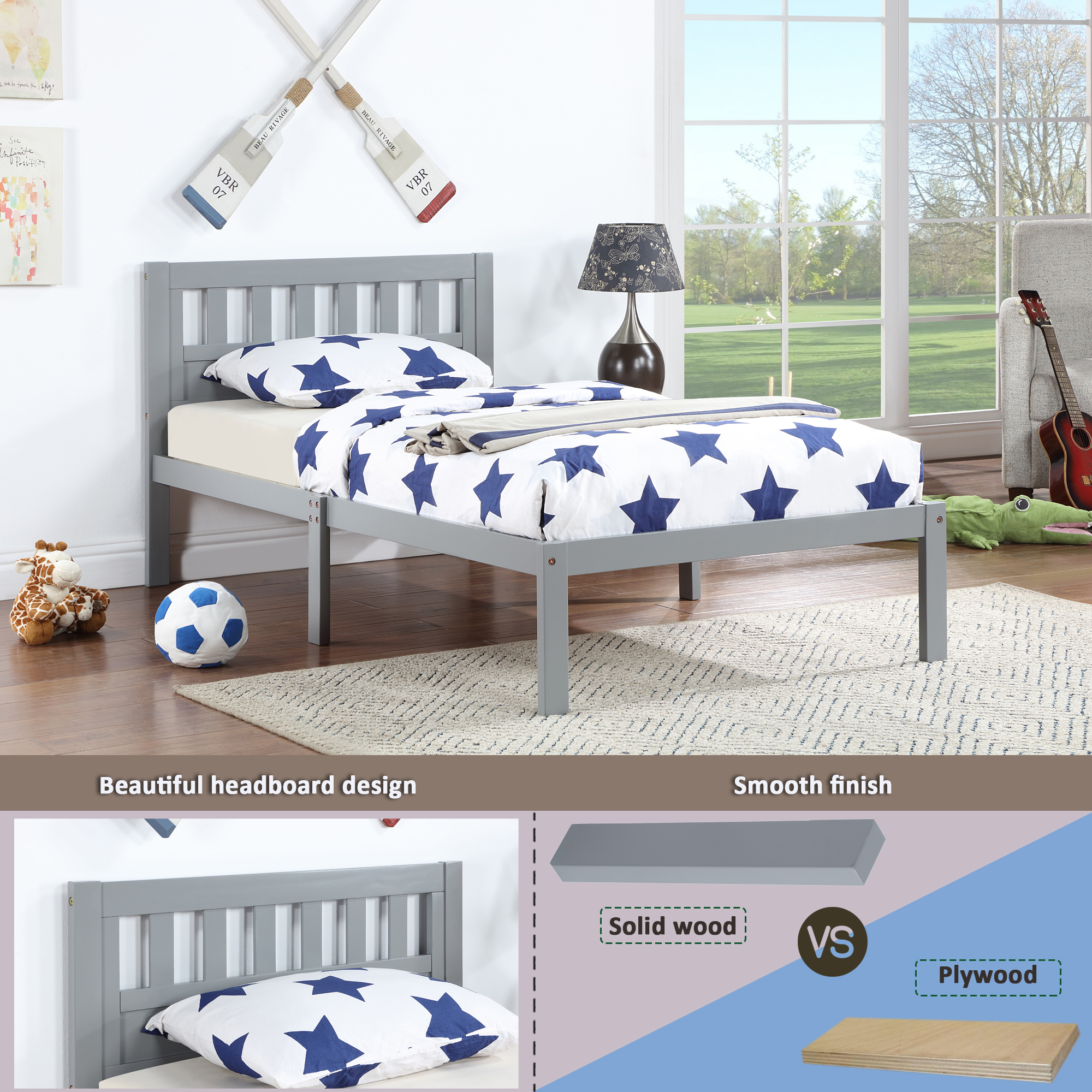 iRerts Wood Twin Bed Frame, Modern Twin Platform Bed Frame with Headboard, Wood Support Slats, Twin Size Bed Frame No Box Spring Needed, Bed Frame Twin Size for Kids Teens Adults Bedroom, Gray