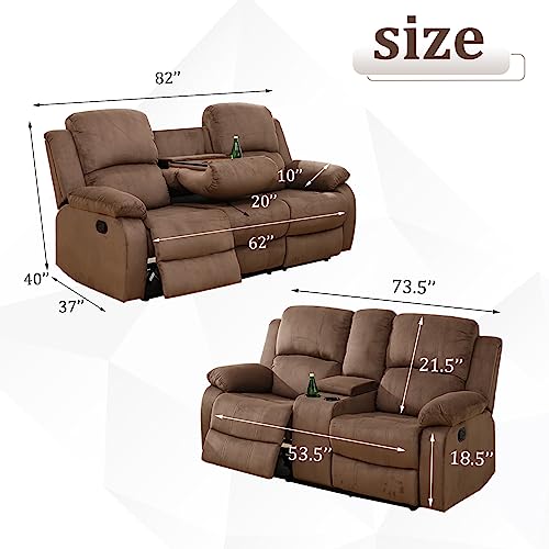 Recliner Sofa Set Living Room Furniture, Flannel Fabric Reclining Sofa Set, Recliner Couch Set with Cup Holders and Storage Console (Sofa and Loveseat Set, Dark Grey)