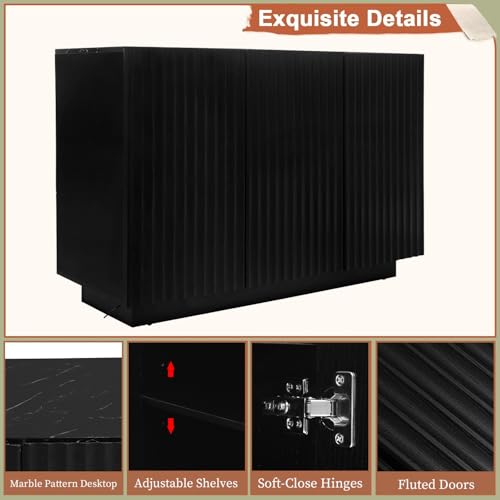Fluted Black Storage Cabinet, Sideboard Buffet Cabinet with 4 Doors, 64" Modern Accent Cabinet with 2 Adjustable Shelf, Multifunctional TV Stand for Living Room