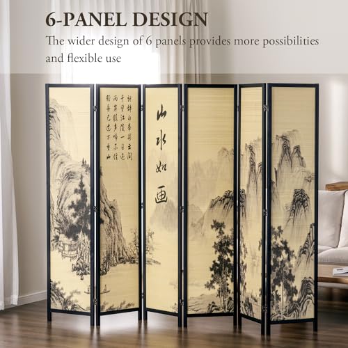 MyGift 4-Panel Folding Bamboo Room Divider Asian-Inspired Cherry Blossom Scene, 6 FT Freestanding Floral Artwork Room Partitioner with Beige Wood Frame