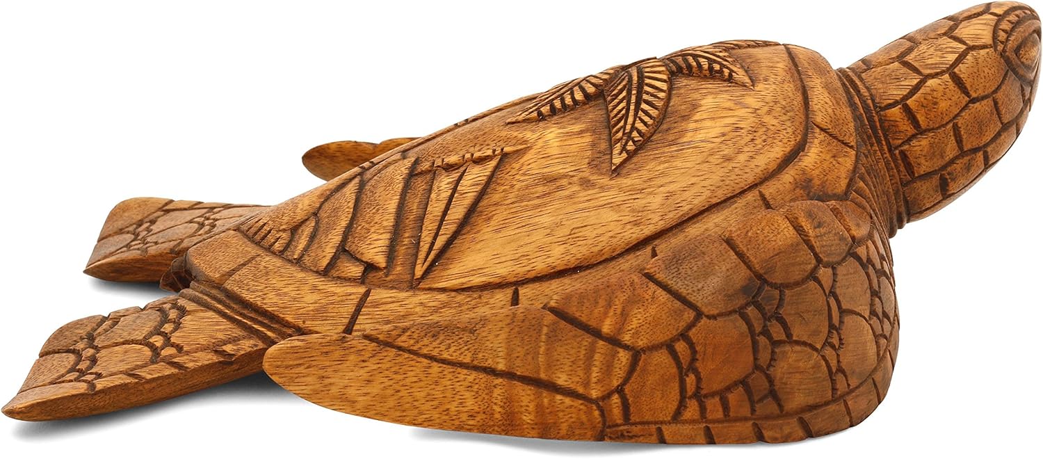 G6 COLLECTION 12" Long Wooden Hand Carved Turtle Tortoise Statue Figurine Sculpture Handcrafted Handmade Decorative Home Decor Accent Rustic Seaside Tropical Nautical Ocean Coastal Decoration