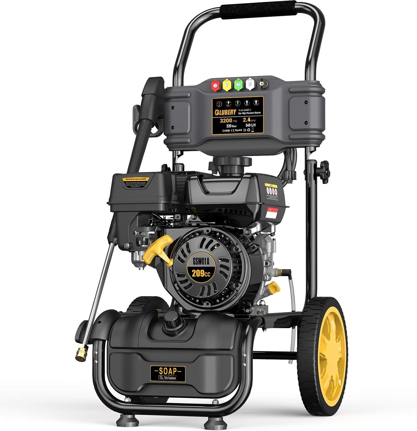 3200PSI Gas Pressure Washer, 2.4GPM 209CC Power Washer, 25FT Hose&Soap Container, 5 Adjustable Nozzles, Cleaning for Driveway/Concrete/Vinyl Fencing, CARB&EPA CERT…