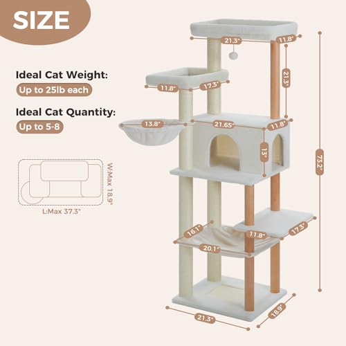 PAWZ Road Large Cat Tree, 73 Inches Tall Wooden Cat Tower with 2 Spacious Hammocks,2 Big Top Beds,8 Fully Scratching Posts and Natural Wood Posts, Multi Cat Tree for Indoor Cats Large Adult-XL