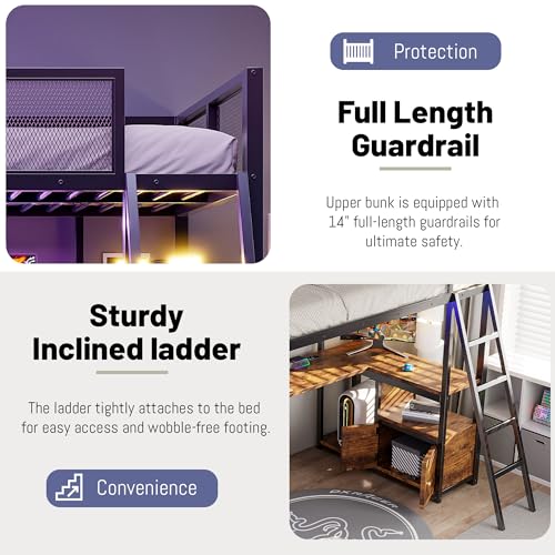 Full Size Loft Bed with Desk and Stairs,Metal Gaming Loft Bed Full with Wardrobe and Shelf, High Loft Bed with LED & USB Charging Station for Teens, Adults, Space Saving Design,Black