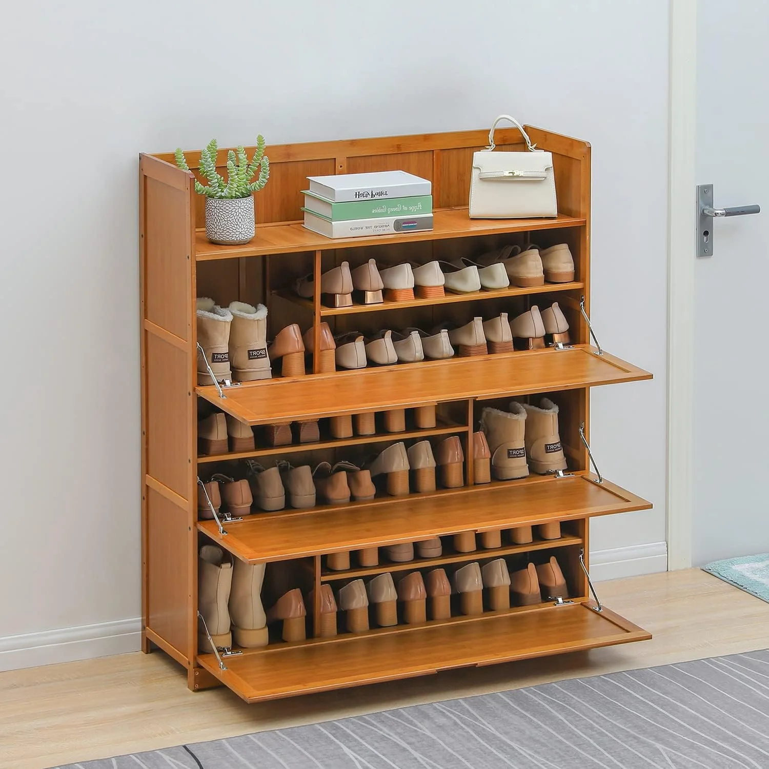 7 Tier Shoe Storage Organzier, Bamboo Boots Cabinet With Pull-Down Doors Sneakers Rack Organizer For 26-30 Pairs Entryway Hallway Mudroom, Brown