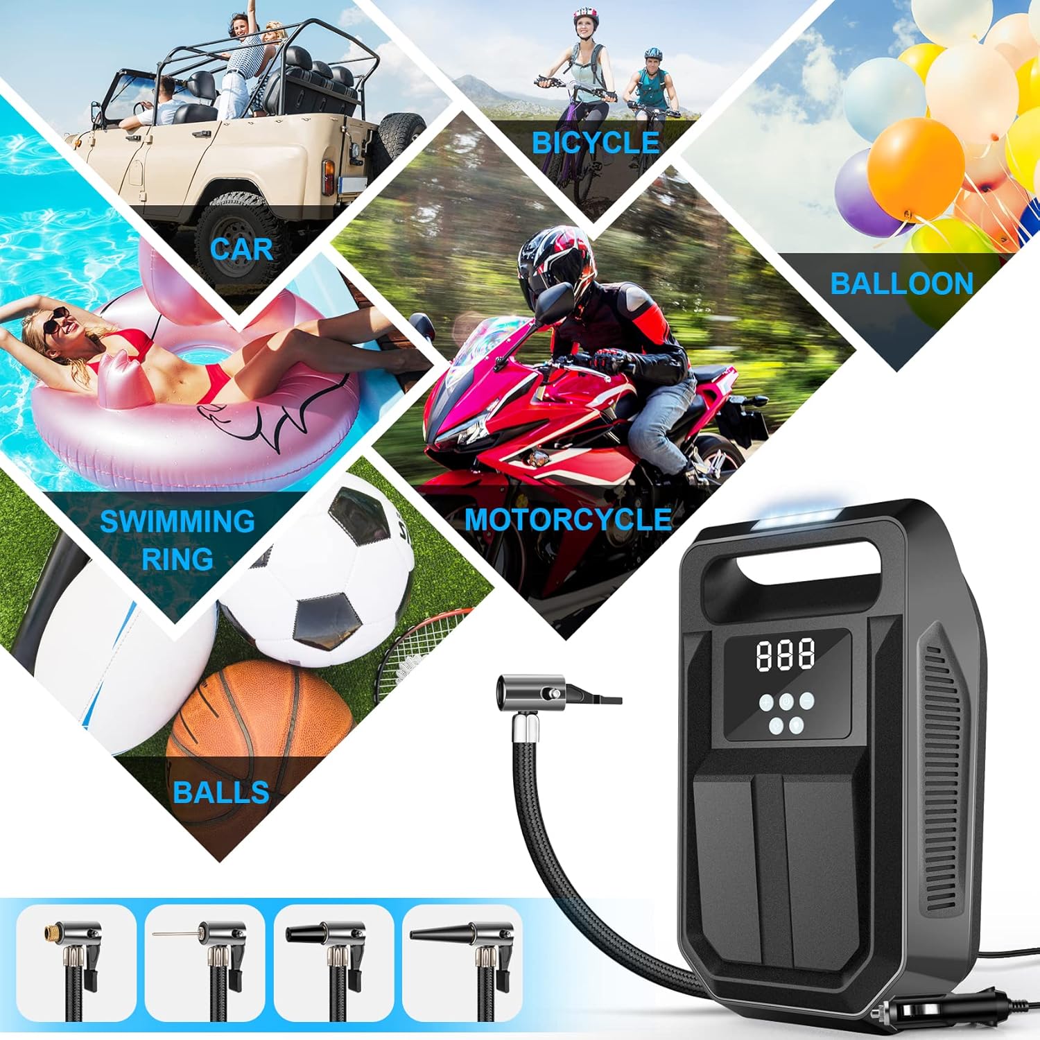 FBK Tire Inflator Portable Air Compressor 12V DC Car Air Pump with Digital Display, LED Light, Auto Shut Off Function, Set of Nozzle Adaptors for Car, Motorcycle, Bicycle, Ball, and Other Inflatables