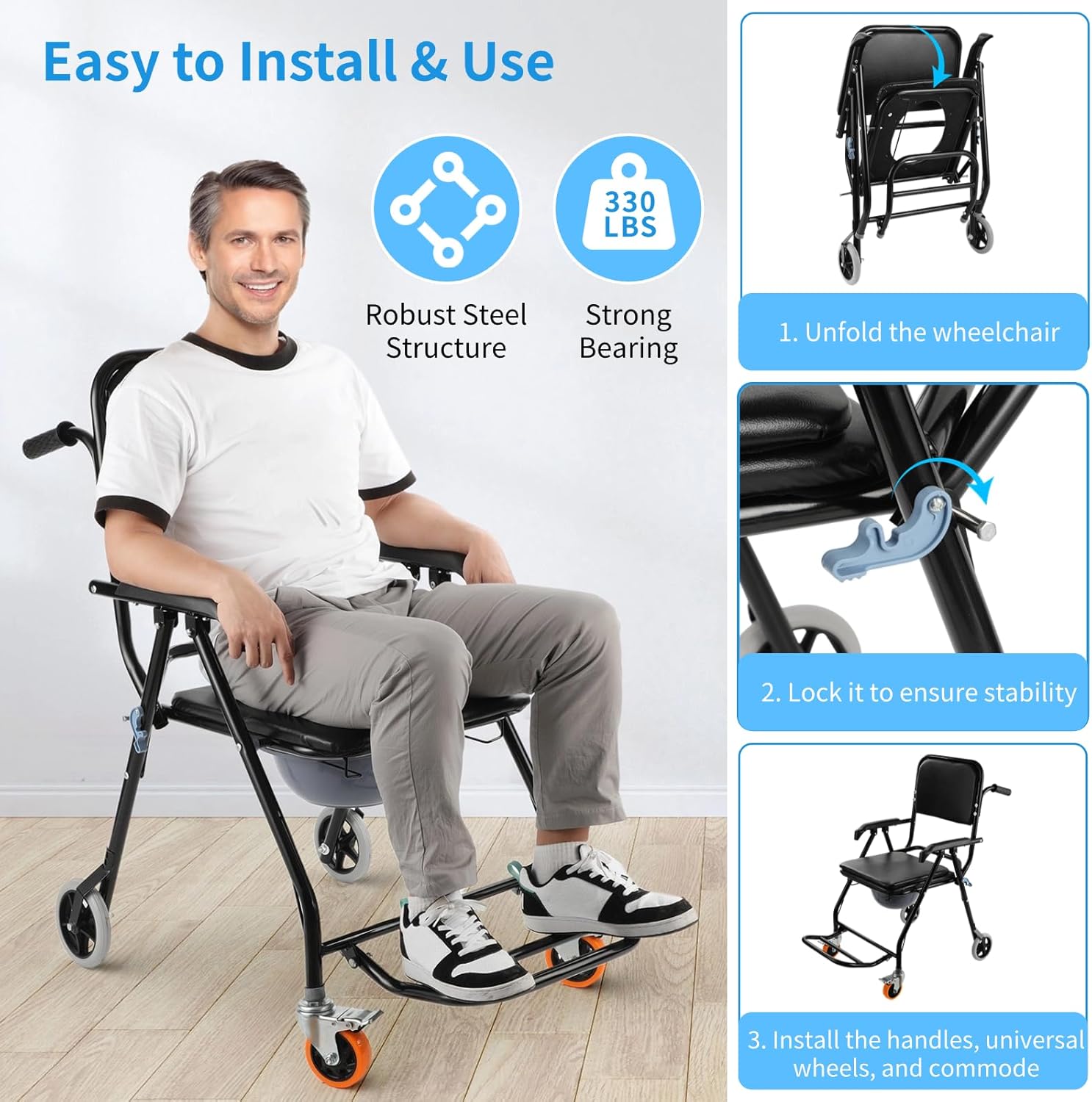 4-in-1 Bedside Commode Shower Wheelchair, Mobile Shower Commode Chair with Lockable Wheels, Foldable Potty Chair with 3 Rolls Bags, Armrests & Footrest for Elderly and Disabled-300lbs