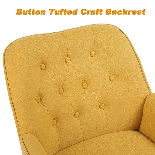 Linen Accent Chairs, Button-Tufted Bedroom Chair Mid Century Modern Armchairs with Black Metal Legs Upholstered Accent Chair Living Room Chairs, Orange
