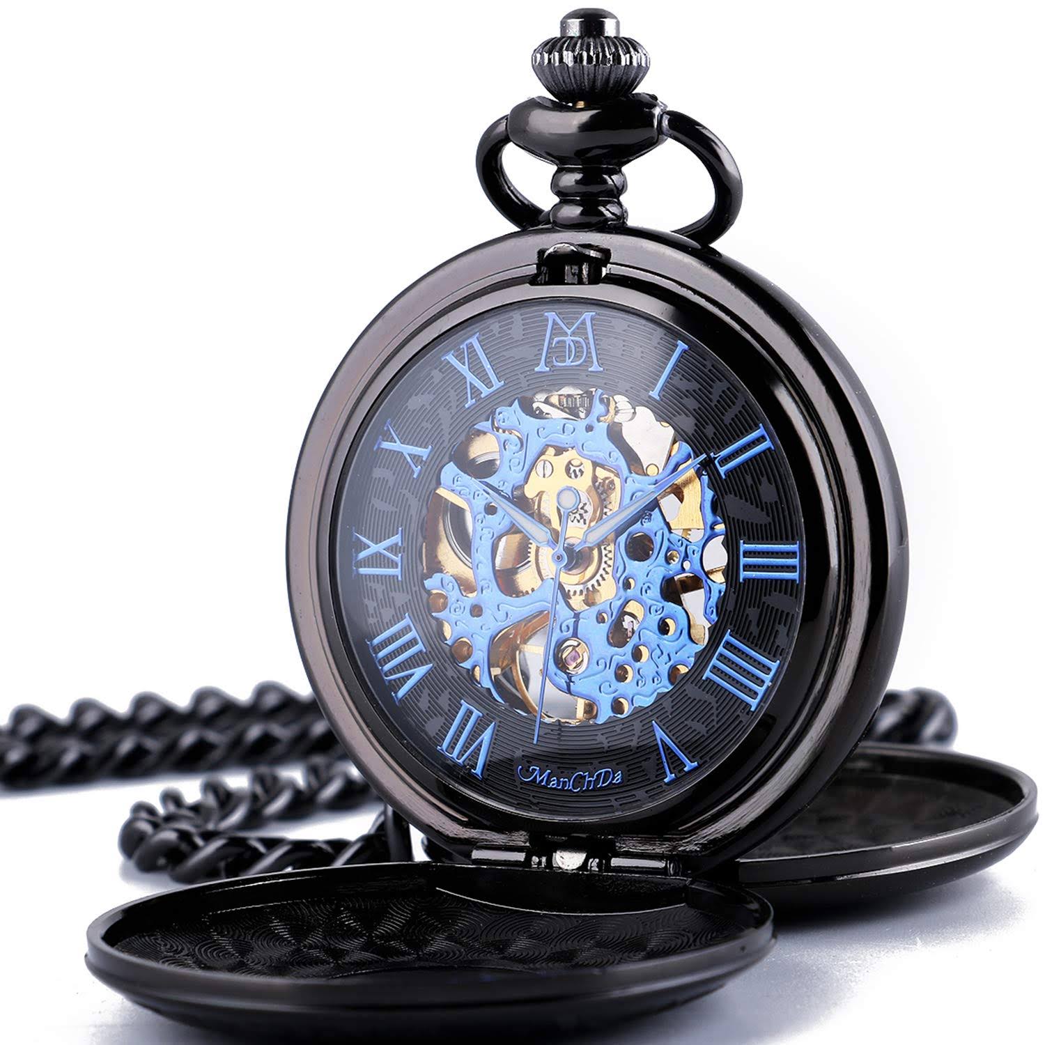 ManChDa Retro Mens Black Blue Double Open Skeleton Mechanical Roman Numerals Pocket Watch with Chain Gift
