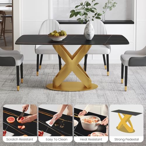 Modern Rectangle Marble Dining Table for 4,63" Black Marble Sintered Stone Top DiningTable,Rectangle Dining Room Table with Unique X-Shape Carbon Steel Pedestal for Kitchen/Living Room(Table Only)