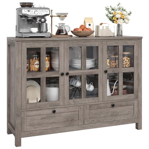 Keyluv Buffet Cabinet Wood/Glass Sideboard Storage Cabinet with 3 Doors and 2 Drawers, 47.2 inches Kitchen Buffet Table for Dining Room, Living Room, Entryway, Rustic