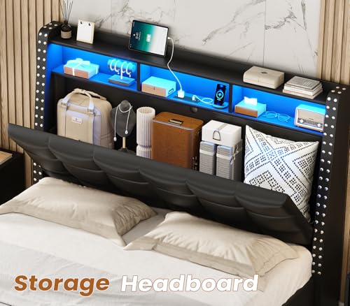 Itaar Queen Bed Frame with Storage Headboard and 4 Drawers, 50" High Upholstered Headboard with Hidden Storage, Platform Bed Frame with Led Lights and Charging Station, No Box Spring Needed, Gray