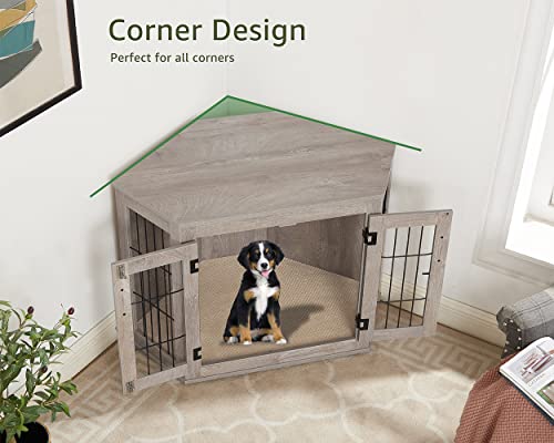 beeNbkks Furniture Dog Crate Corner, Dog Kennel Corner Wooden End Table with Cushion, Indoor Pet Crates Corner Side Table for Dogs, Wide Top Perfect for Limited Room(Large, Weathered Gray)