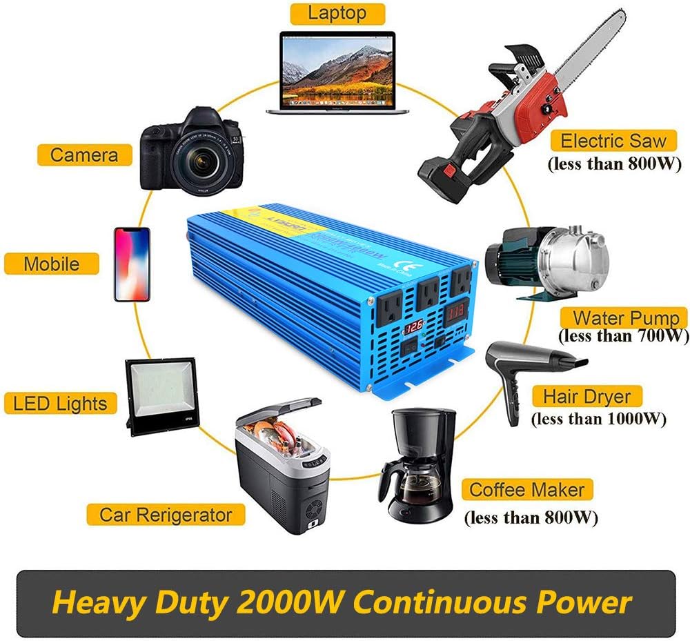 Yinleader 2000W Pure Sine Wave Inverter Power Inverter Peak Power 4000W 12V DC to 110V 120V AC with LED Display 3 AC Outlets for RV Car Solar System Emergency