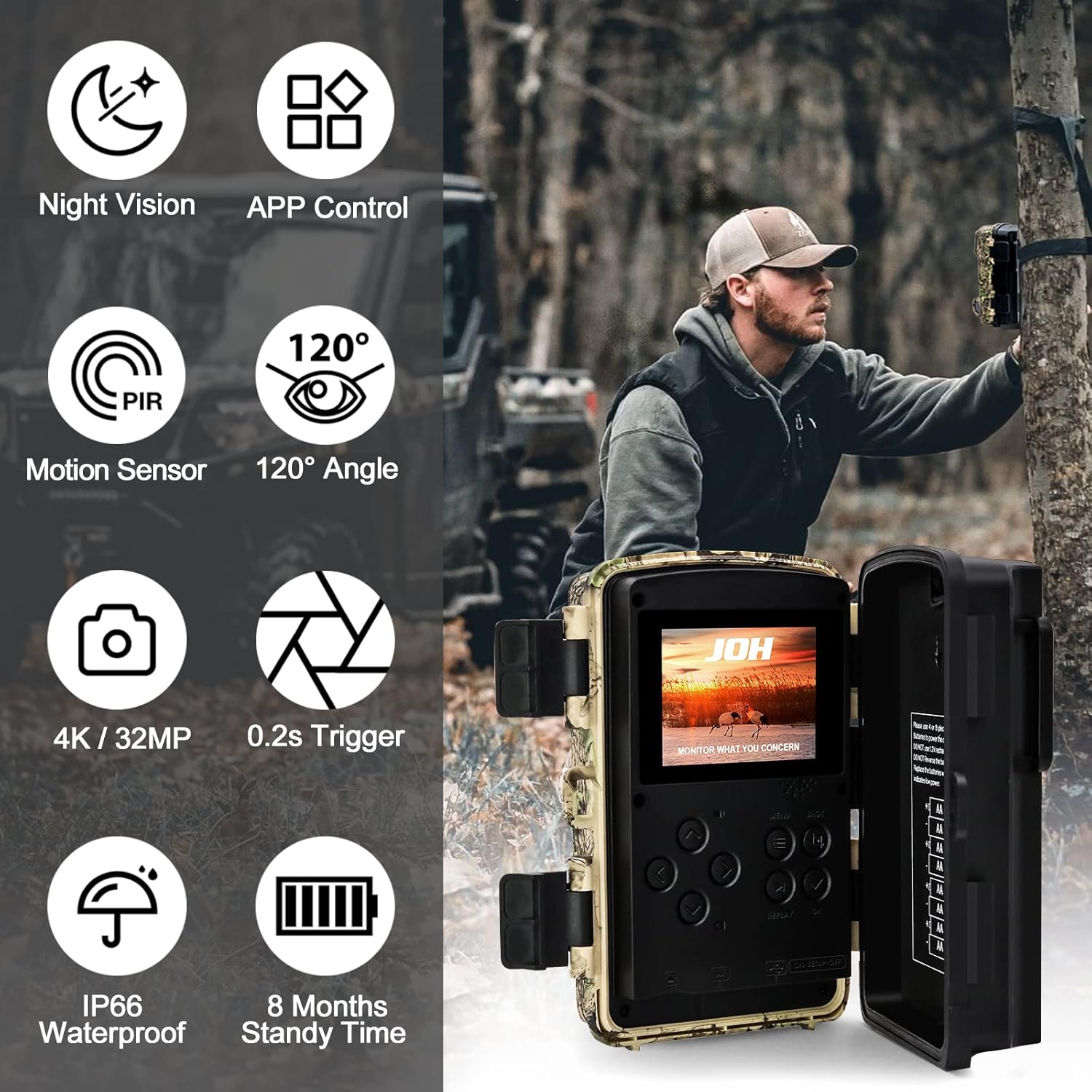 JOH 4K 32MP Trail Camera, WiFi Bluetooth Hunting Game Camera with Low Glow Night Vision, 0.2s Trigger Motion Activated, IP66 Waterproof Deer Camera for Outdoor Wildlife Scouting, Monitoring, Security