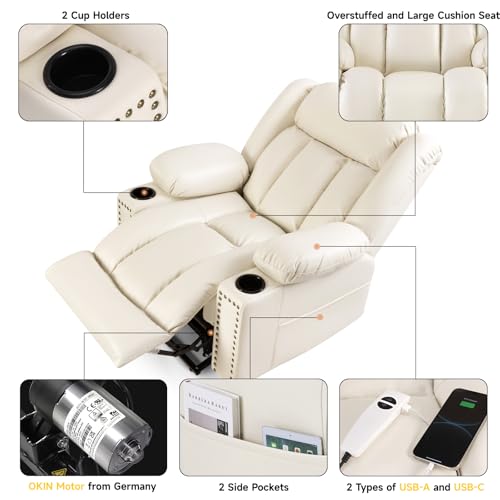 Large Power Lift Chairs Recliners for Elderly with Heated and Massage, Overstuffed Adjustable Lift Chairs, 3 Positions, Breathable Leather, USB-A and USB-C, Cup Holder, Side Pocket Dark Brown