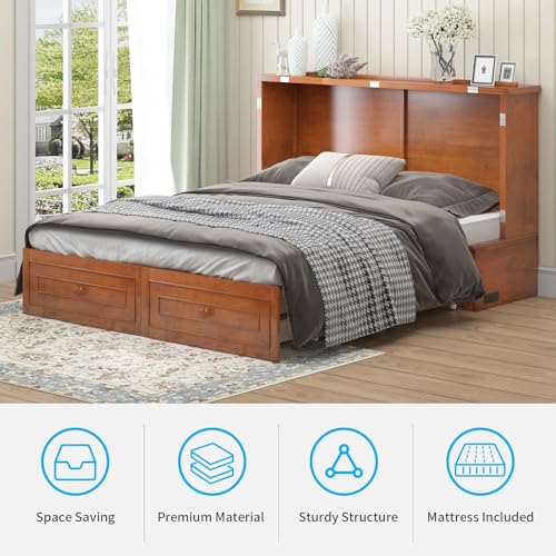 Mjkone Murphy Bed Cabinet, Queen Size Cabinets Bed Chest with USB Charging Station & Tri-Folding Mattress, Wall Beds with Storage Drawers for Guest Bedroom Apartment Office, Easily Convertible, White