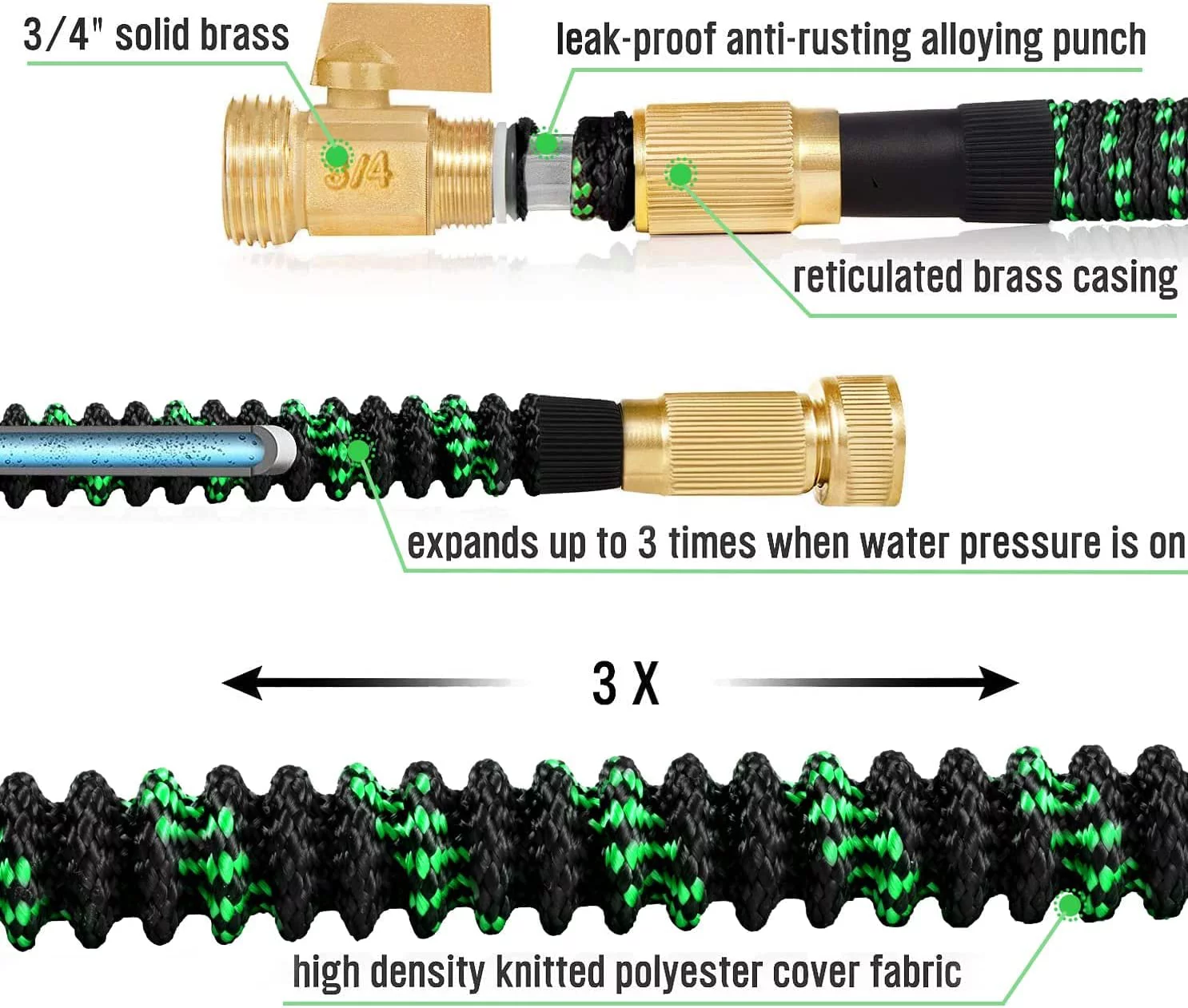 HBlife Garden Hose 100FT, Expandable Hose Flexible Lightweight Water Hose with 9 Function Nozzle Sprayer Expanding Durable Hose with 3/4 Inch Solid Brass Fittings, Black and Green - Curated Treasures Market