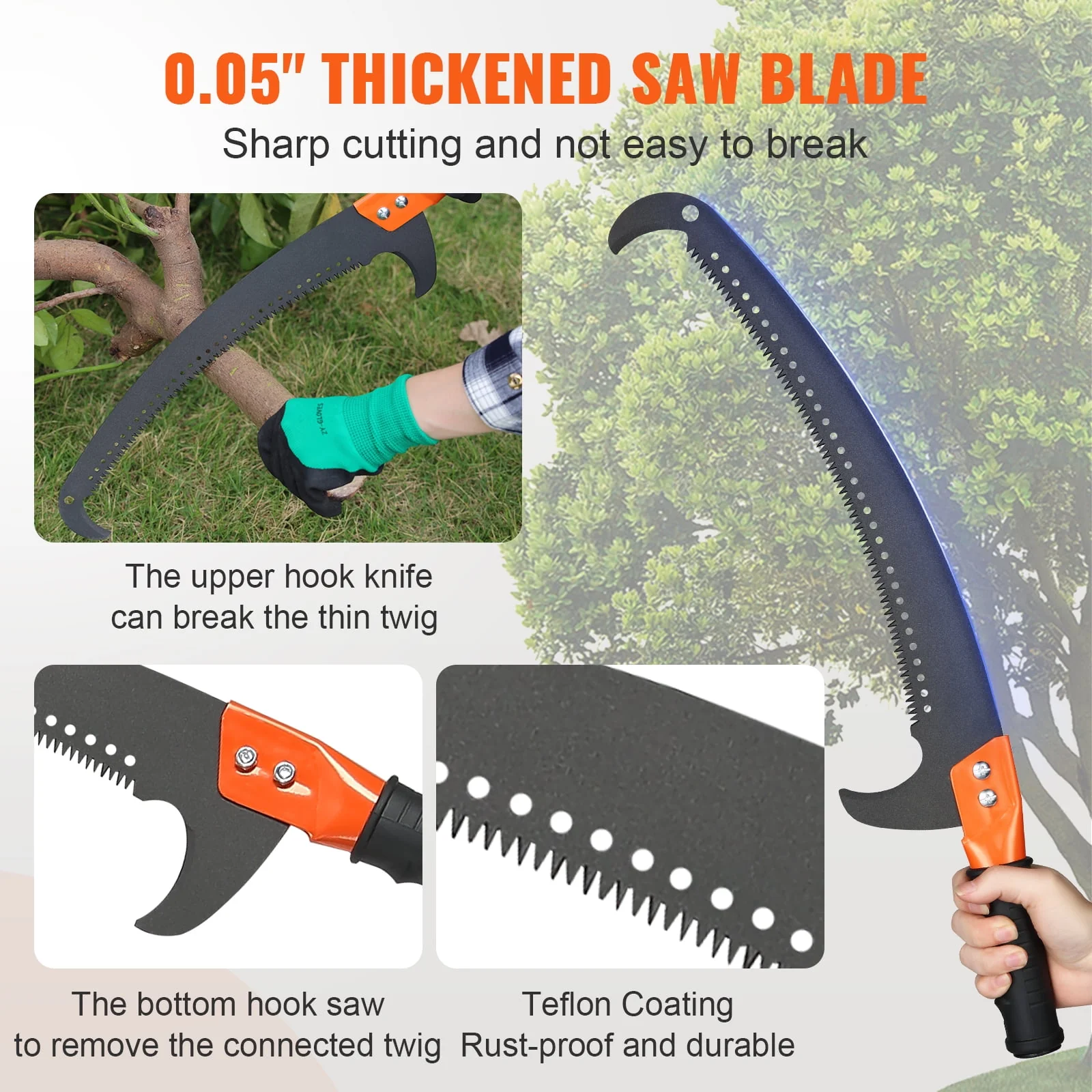 BENTISM Manual Pole Saw Extendable Tree Pruner 7.3-27ft Fiberglass Pole Hook Knife
