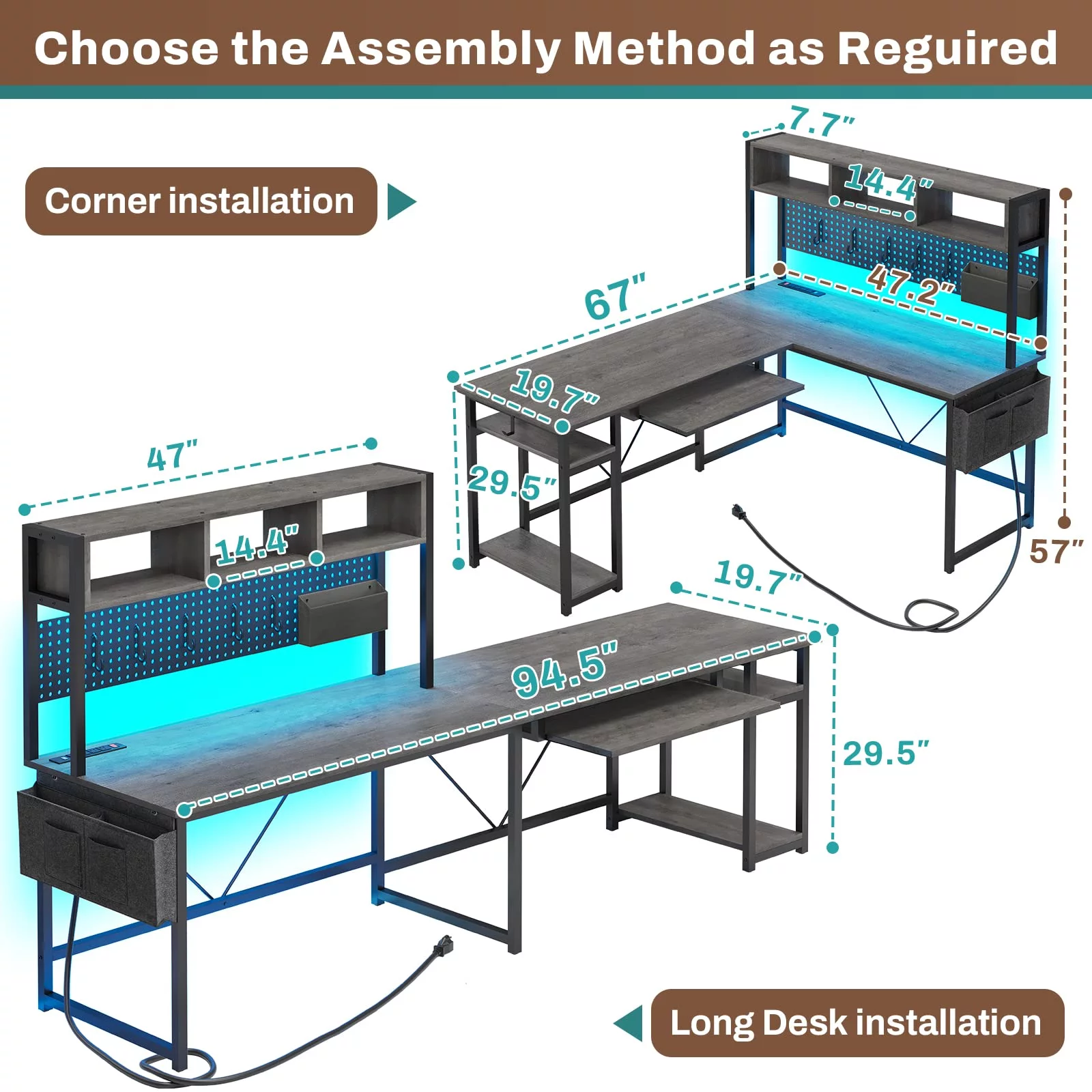 L Shaped Desk with Hutch, Long Home Office Desk with Power Outlet & Led Light,Computer Gaming Desk with Storage Shelves,Keyboard Tray,Hook,Grey