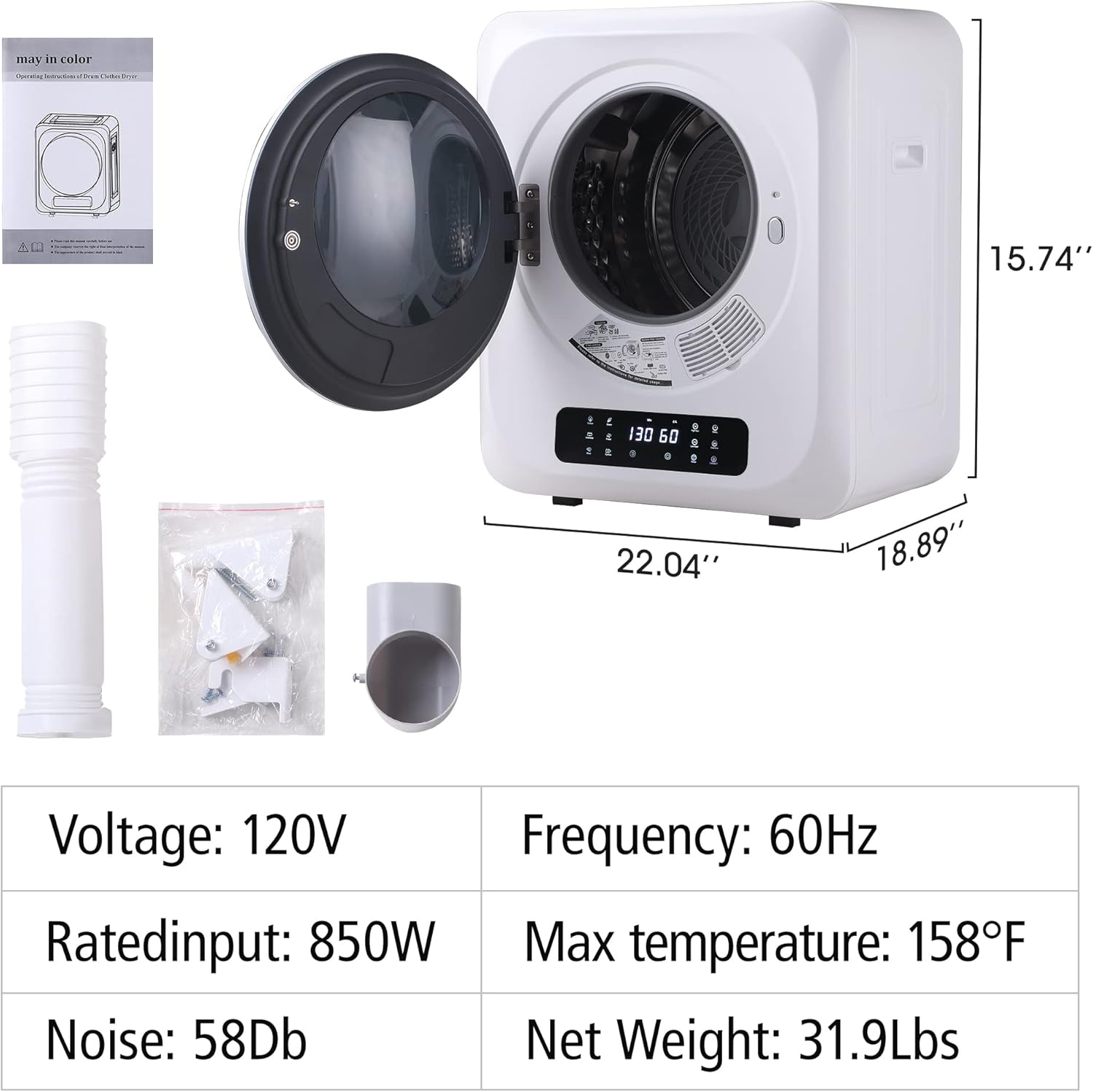 Portable Dryer for Apartments, Front Load 120 V Electric Dryer with Smart Moisture Sensor, LCD Control Panel Tumble Portable Clothes Dryer Machine with Stainless Steel Drum ,8.8 lbs, for Apartment & Dorm & Home 850W, White