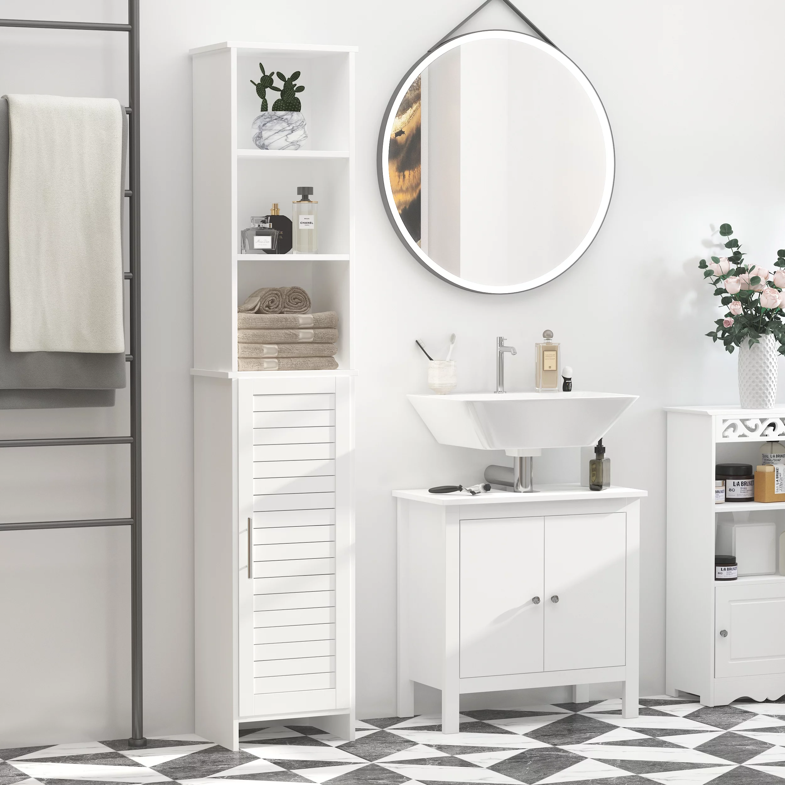 kleankin Bathroom Storage Organizer w/ Door Tower Open Adjustable Mantle, White - Curated Treasures Market