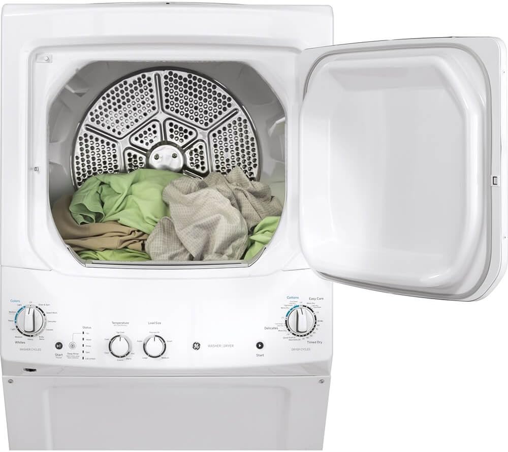 GE GUV27ESSMWW Unitized Spacemaker 3.8 Washer with Stainless Steel Basket and 5.9 Cu. Ft. Capacity Long Vent Electric Dryer, White