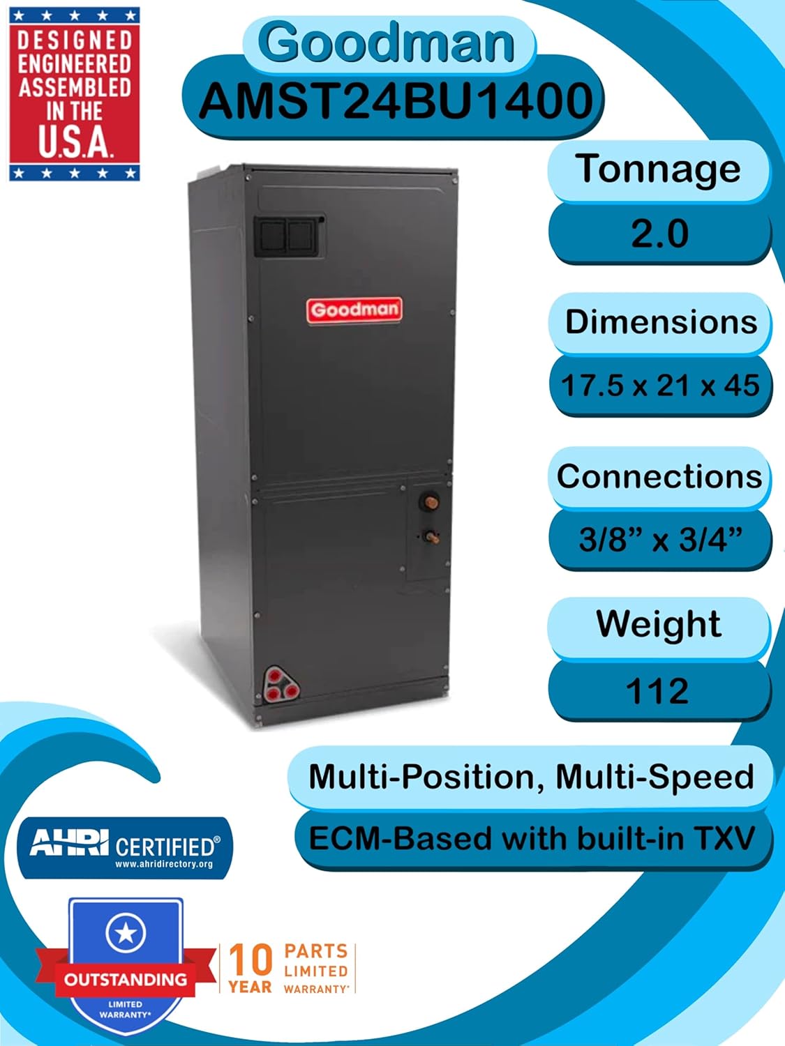 Goodman 2 TON 14.3 SEER2 Heat Pump Unit (GSZB402410) with Multi-Position Air Handler (AMST24BU1400) with built-in TXV