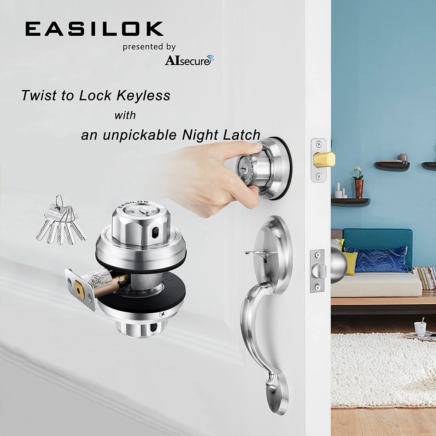 Twist to Lock front door lock keyless with an Unpickable Night Latch can keep deadbolt locked&unlocked status,single cylinder knob lock with an Anti-Mislock Button,3 locks keyed alike (dimple keyway),