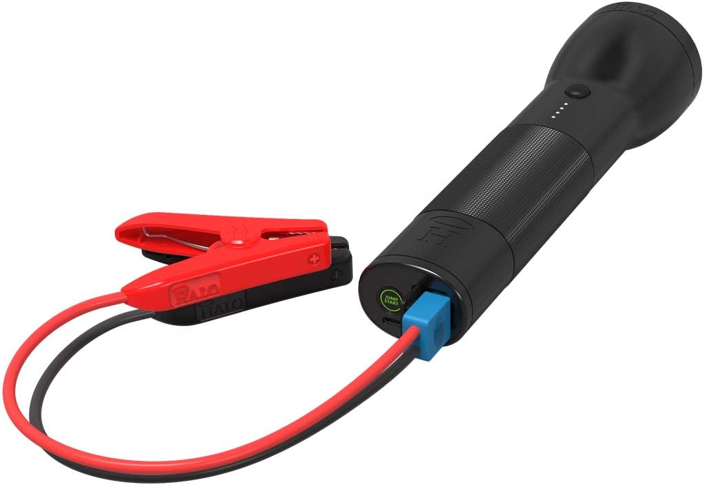 Halo Bolt Flashlight - Rechargeable Lithium Flashlight with Car Jump Starter and Phone Charger - LED Flashlight, USB Port to Charger Devices, Portable Car Charger - Black