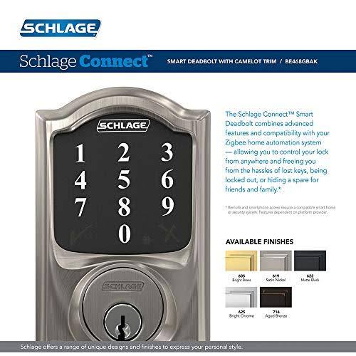 Schlage Connect Smart Deadbolt with Camelot Trim in Bright Brass, Zigbee Certified - BE468GBAK Cam 605