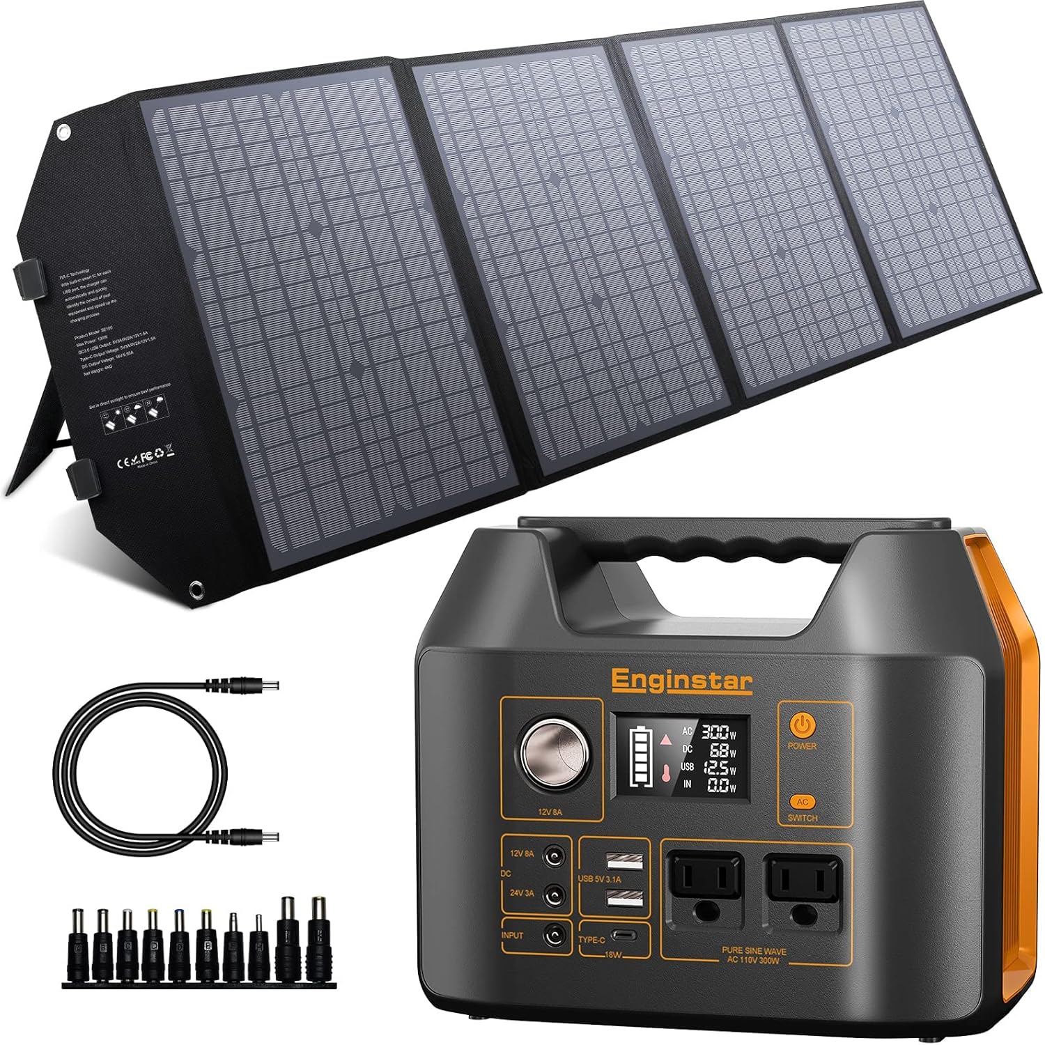 EnginStar Solar Generator 300W, 100W Solar Panel, 80,000mAh Portable Power Bank with AC Outlet for Outdoors Camping Emergency Use