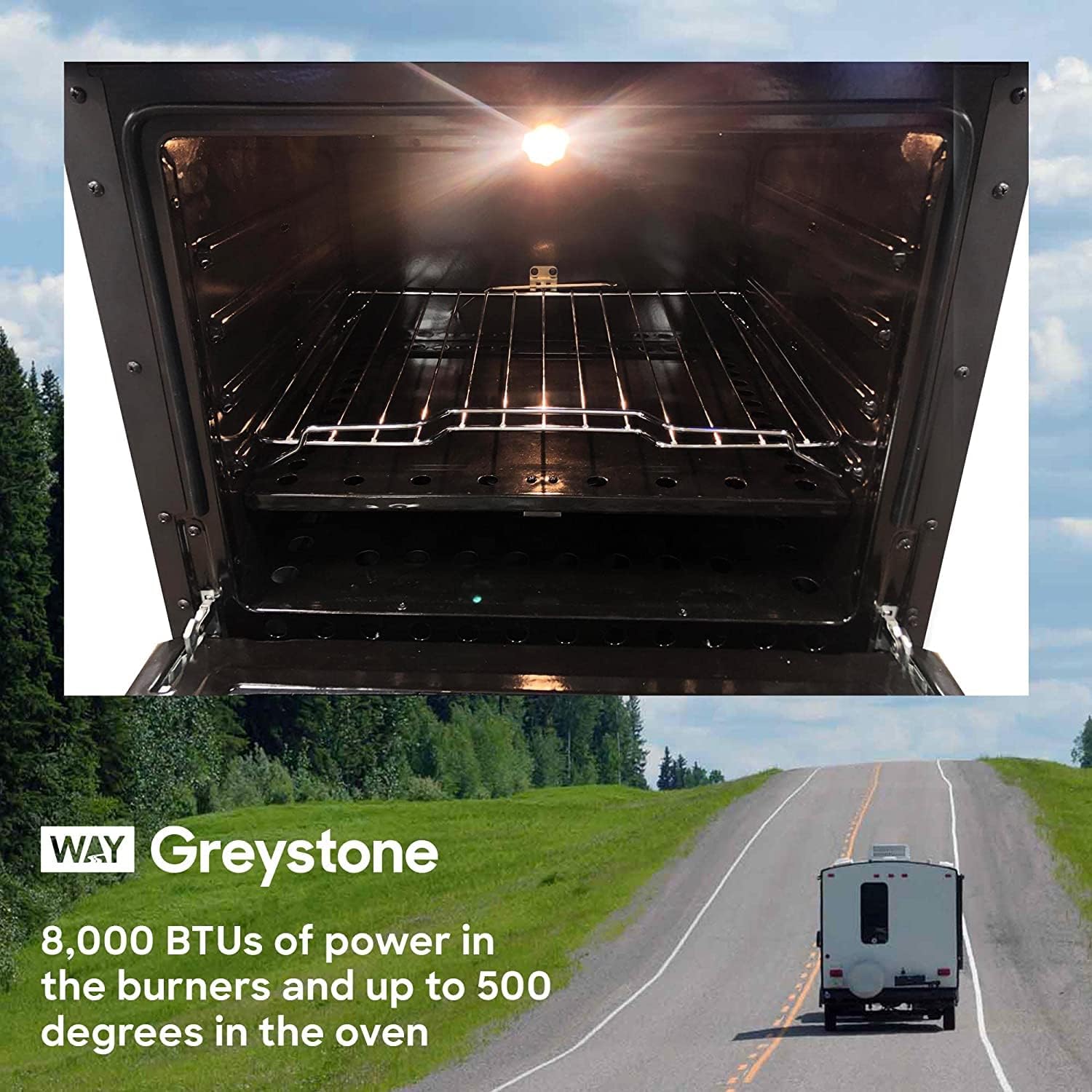 Way Interglobal Greystone, 12 Volt RV Gas Range and Cooktop, Stove and Oven Combo, 21 Inch, LP Gas, Black