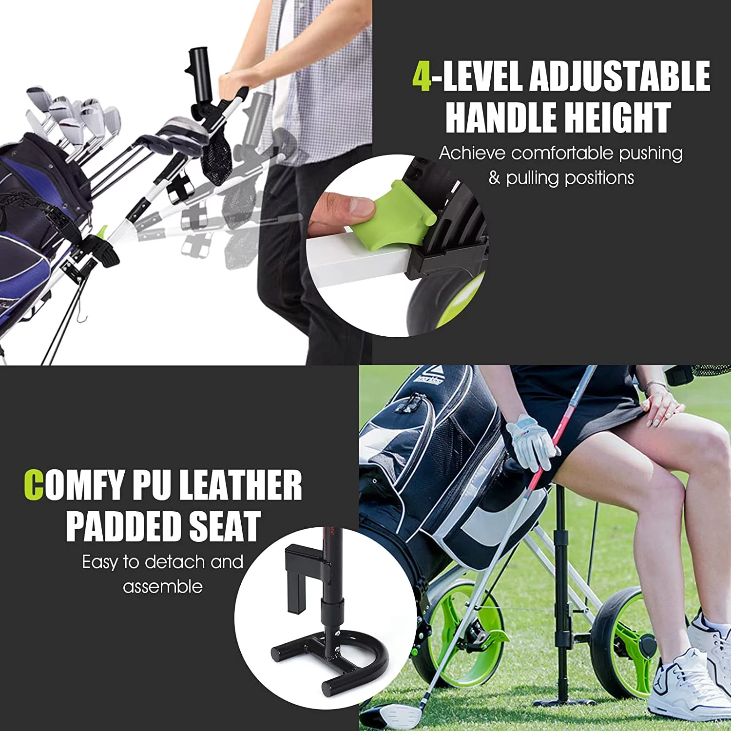 Golf Push Pull Cart with Seat, Lightweight Foldable Collapsible 3 Wheels Golf Push Cart, Golf Trolley with Foot Brake, Adjustable Umbrella Holder & Seat, 4 Height Position Handle - Curated Treasures Market
