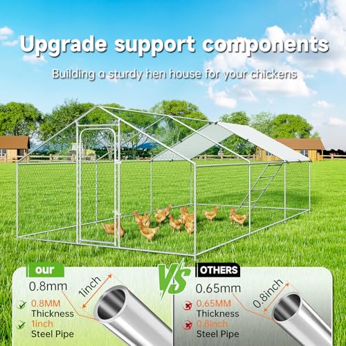 Large Metal Chicken Coop, Chicken Run Poultry Cage Hen with Water-Resident and Anti-UV Cover for Duck Rabbit House Outdoor Walk-in Chicken Pen for Yard, Dome Roof(10’ W x 19.7’ L x 6.4’ H)
