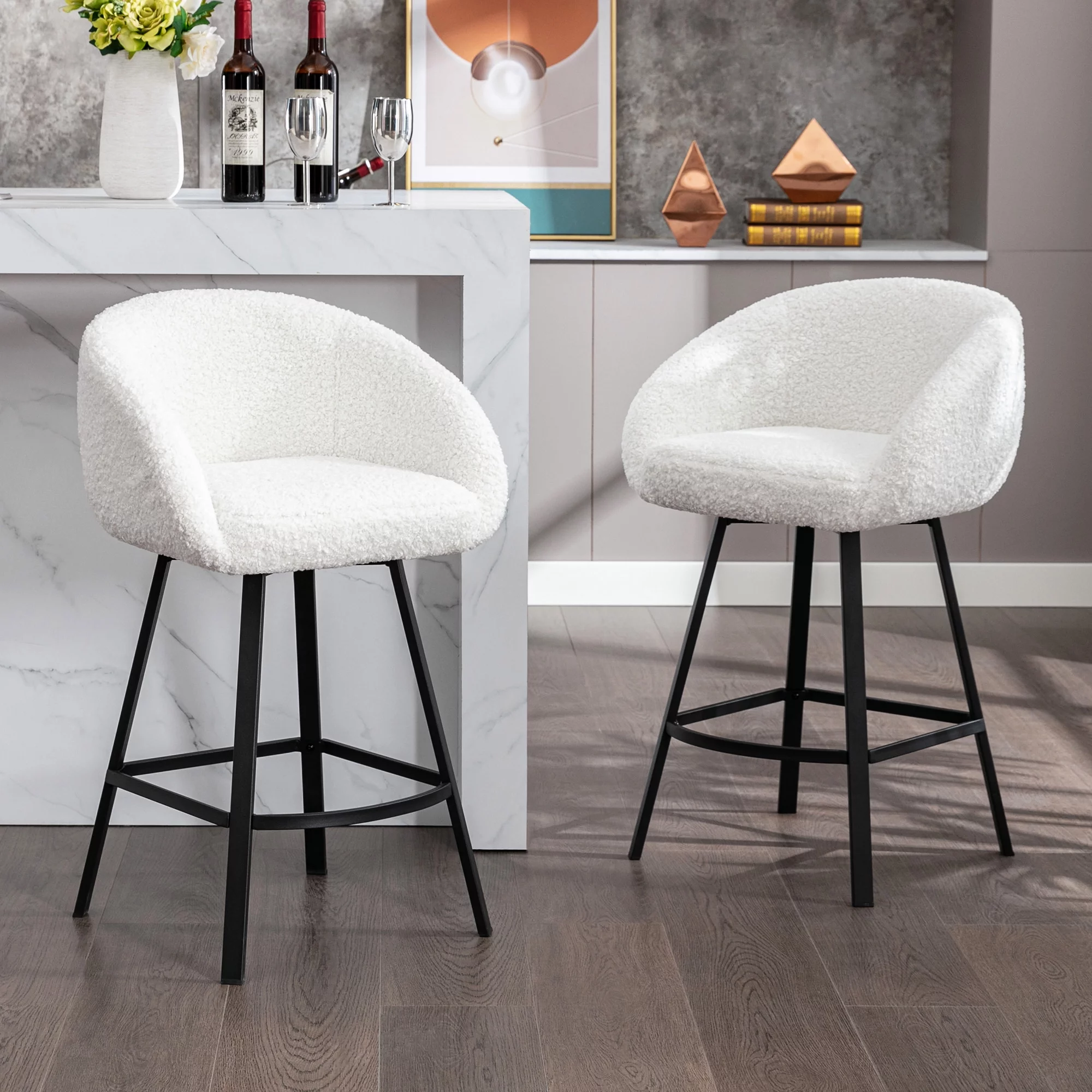 Zesthouse 25.6" Counter Height Swivel Bar Stools Set of 2, Sherpa Barrel Bar Stools with Backs, Modern Boucle Counter Stools for Pub Kitchen Island, White