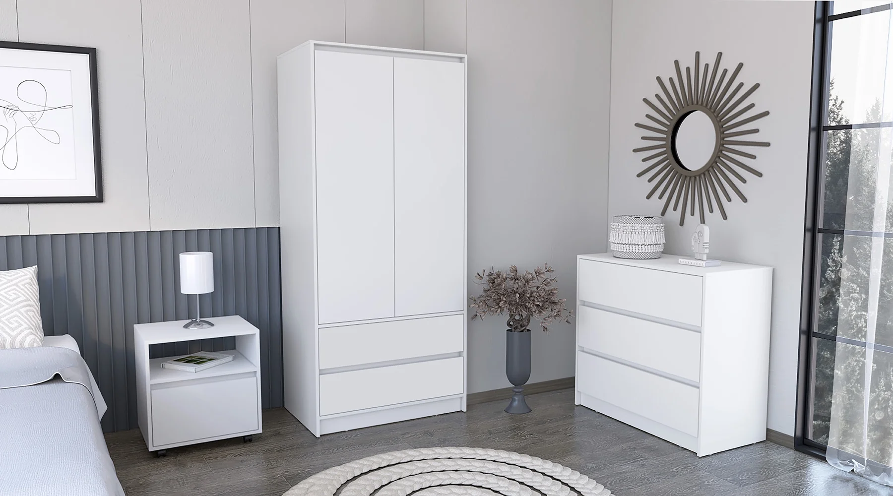 CoSoTower 3 Piece Bedroom Set, Nightstand + Dresser+ Armoire, White