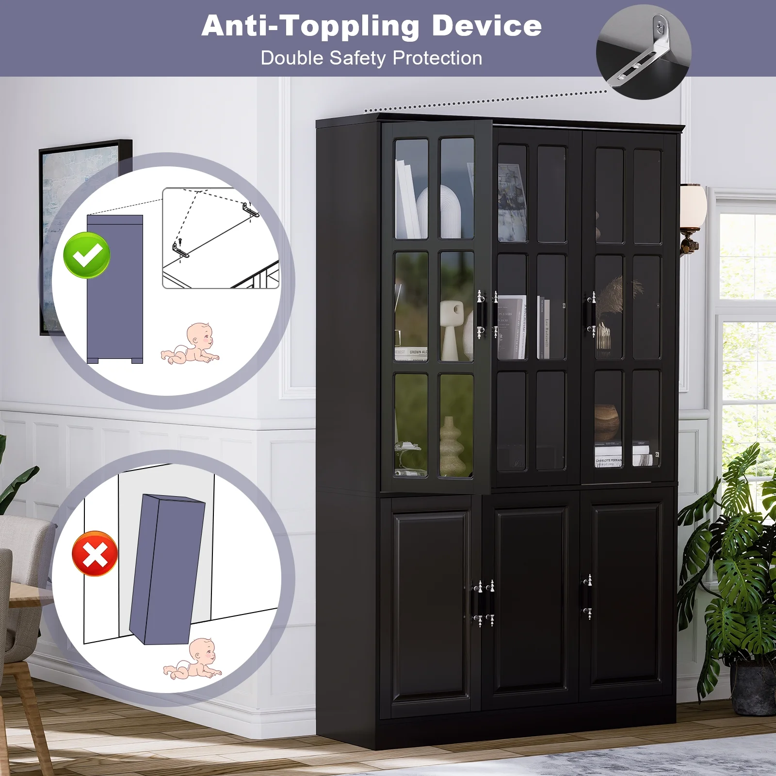 MEISSALIVVE Kitchen Pantry Storage Cabinet, 78.7" Tall Pantry Cabinet with Glass Doors & Shelves, Freestanding Kitchen Hutch Utility Pantry, Food Pantry Cabinet Cupboard, Black (47.2" W x 15.7" D) - Curated Treasures Market