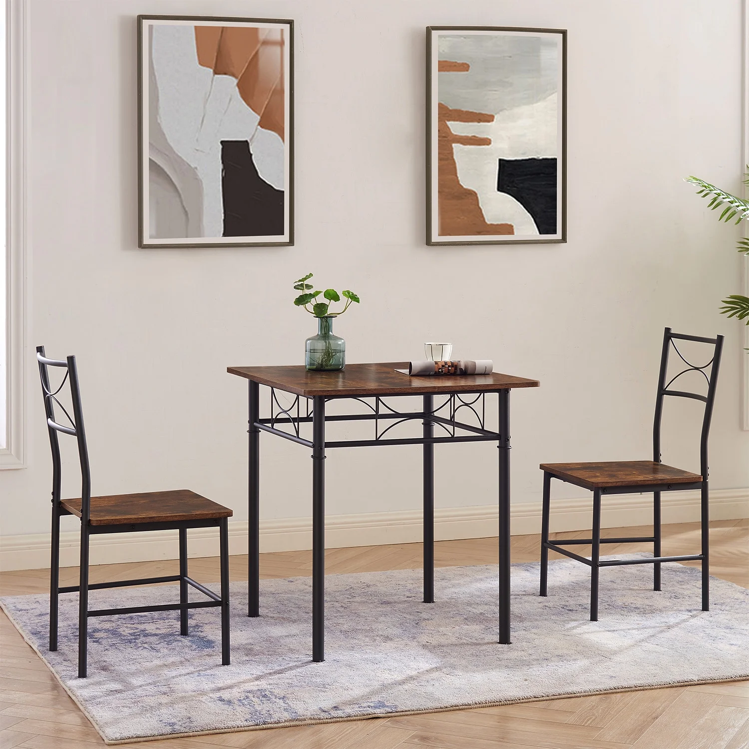 Dining Room Set for 2, Seizeen Kitchen Table Set with Chairs, Modern Metal Dining Set with Black Frame and Retro Brown Finish, Small Space Furniture for Apartment Home Kitchen Dining Room