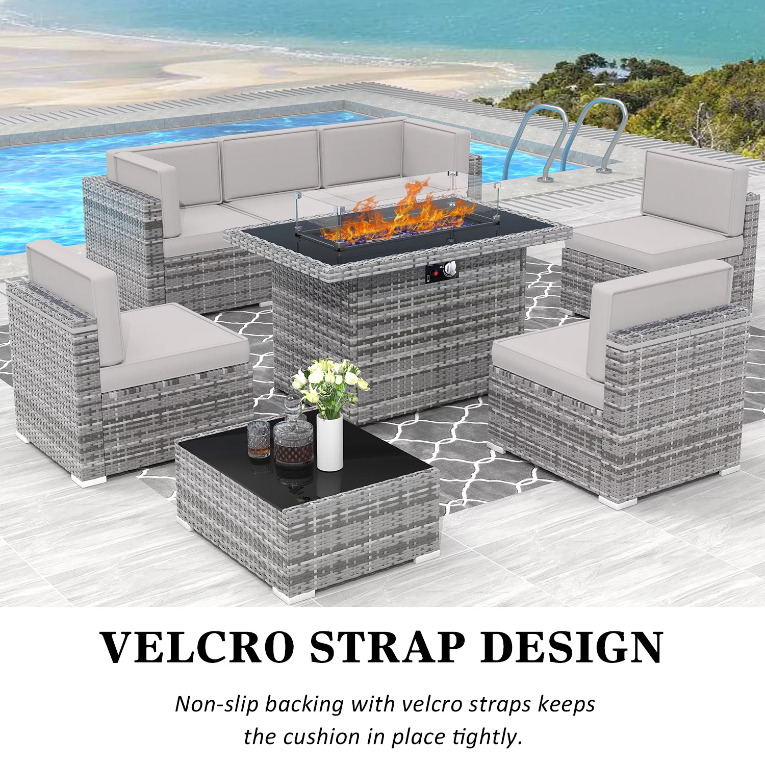 8 Piece Patio Furniture Set with 44" Propane Gas Fire Pit Table, Outdoor Sectional Conversation Set Wicker Rattan Sofa Set with Coffee Table