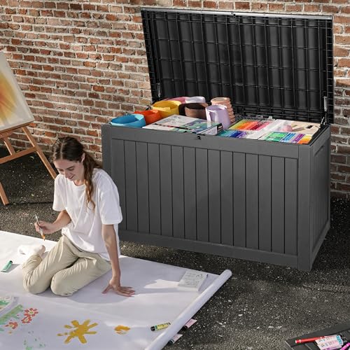 DWVO 120 Gallon Outdoor Storage Box, Large Lockable Resin Deck Box, Water Resistant Patio Storage Box for Tools, Cushions, Supplies - Black