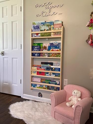 Handmade Solidwood Wall Mounted Montessori Kids Bookshelf, 4 tier Book Display for Children Bedroom, Nursery Furniture Bookcase, Wood Pine Tree Book Organiser for Living Room (Walnut)