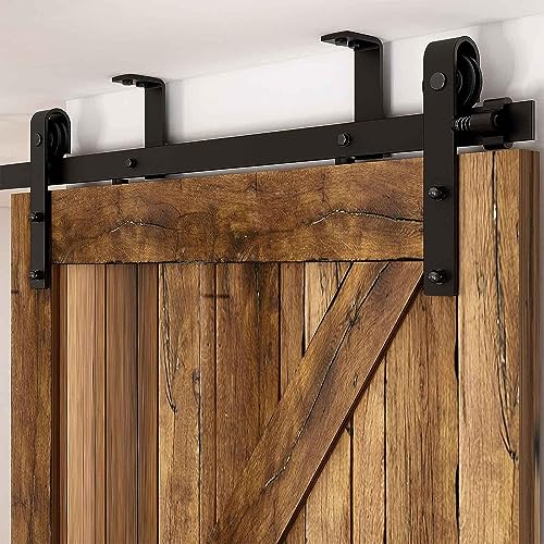 14FT Ceiling Mount Sliding Barn Door Hardware Kit Low Ceiling L-Shape Bracket System for 42" Wide Double Wood Door Heavy Duty (Basic Style Hanger)