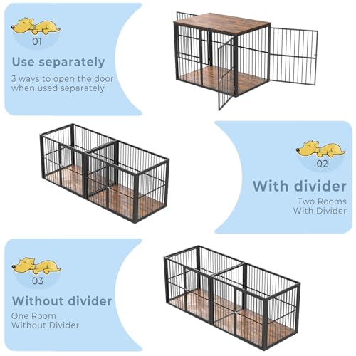 86.62''Dog Crate Furniture Large Breed TV Stand with Double Rooms,Wooden Dog Kennel Dog Crate End Table with Removable Divider for Large Medium Dogs, Can Use Separately, Brown