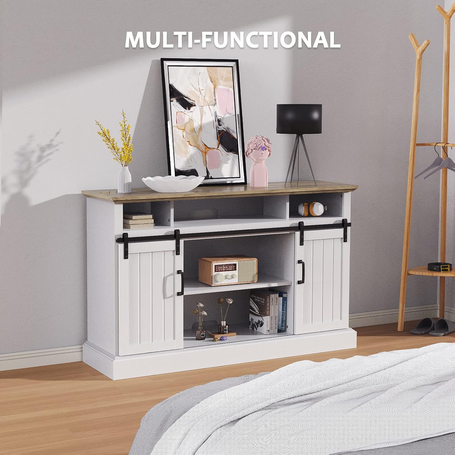 Furnimics Farmhouse TV Stand for TVs up to 65 Inch, Sliding Barn Door TV Stand for Living Room, Bedroom, White Entertainment Center TV Stand Cabinet with Adjustable Shelves&Cable Management, FMWTS01W