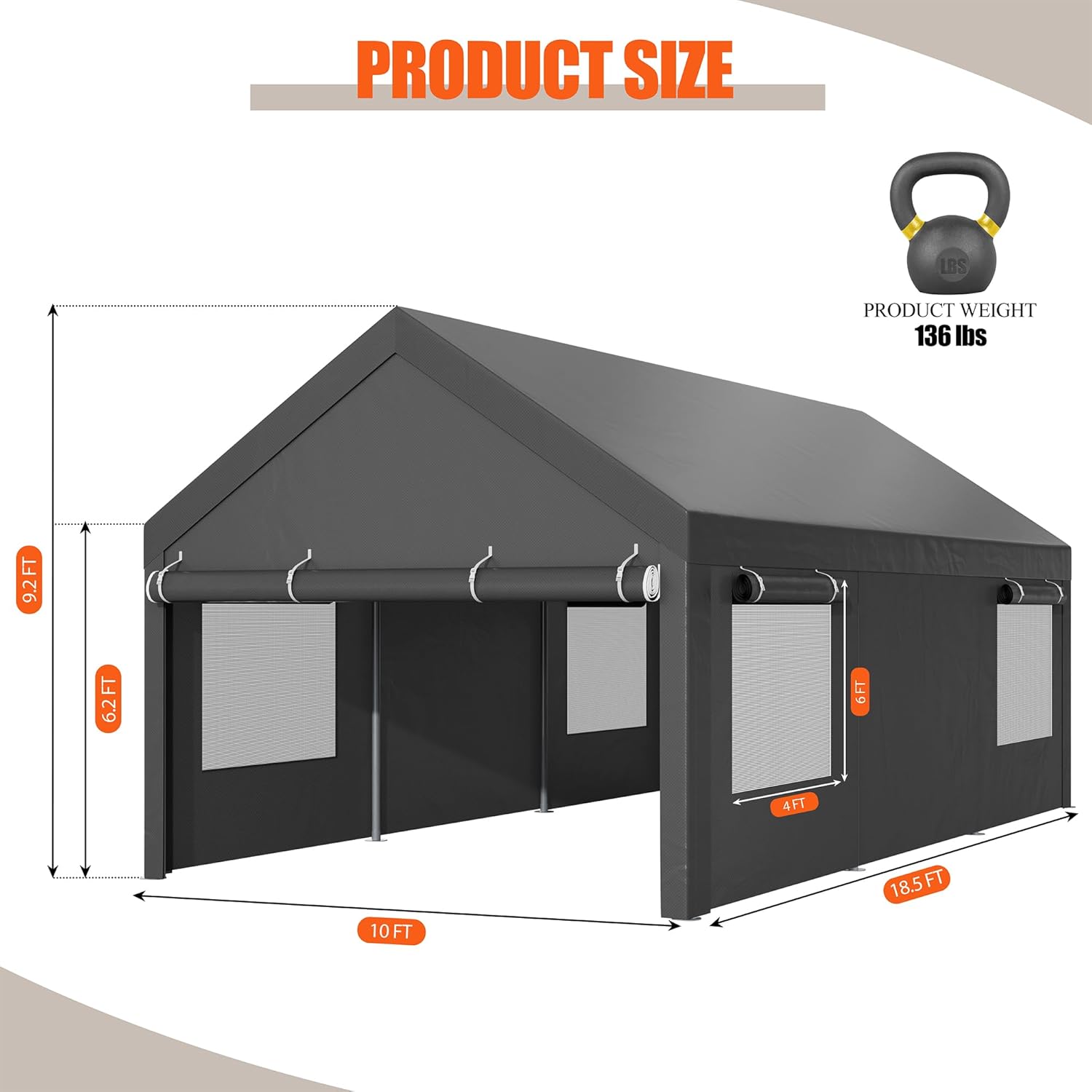 JAMFLY Carport, 10x18.5 ft Heavy Duty Car Canopy with Roll-up Windows, Portable Garage with Removable Sidewalls & Doors, Car Canopy with All-Season Tarp for Car, Truck, Boat